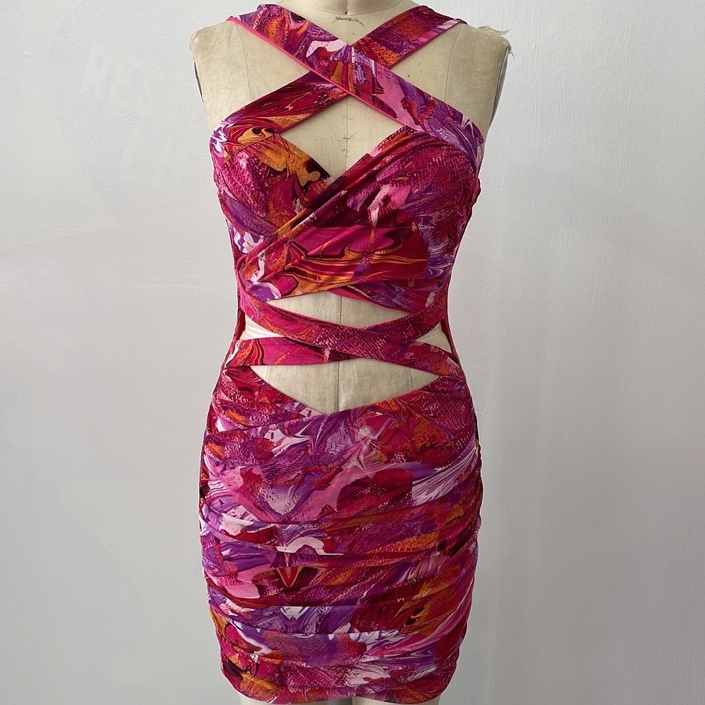 Swirl Print Hot Pink Cut Out Bodycon Dress